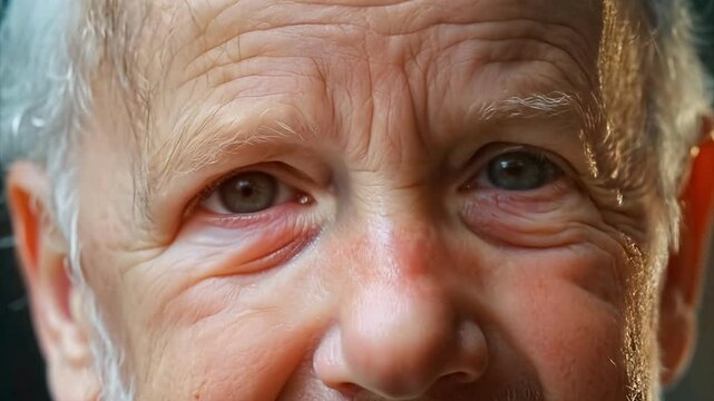 Zooming out from a close up of a babies eyes as he rapidly ages 60 years into an elderly man with a beard.
