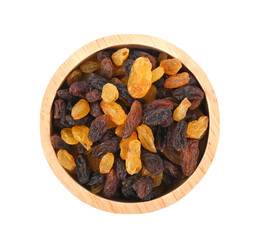 Raisin in wooden bowl on transparent png.top view