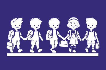 Color Silhouette Set of Adorable Cartoon Children in School Uniforms - Vector Illustration of Boys and Girls with School Bags Cute and Charming Students in Various Poses