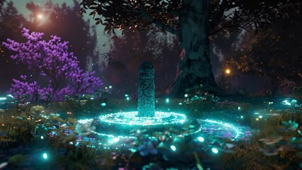 Ancient tree with stone rings engraved with glowing runes