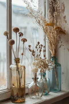 Trockenblumen in Glasflaschen an einem alten Fenster, Dekoration