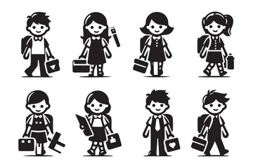 Black Silhouette Set of Adorable Cartoon Children in School Uniforms - Vector Illustration of Boys and Girls with School Bags Cute and Charming Students in Various Poses