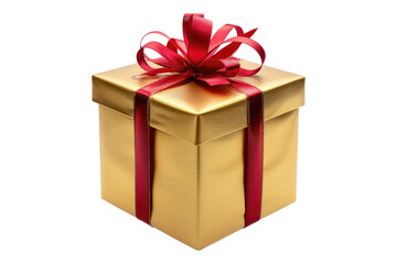 Golden gift box with red ribbon isolated on transparent background
