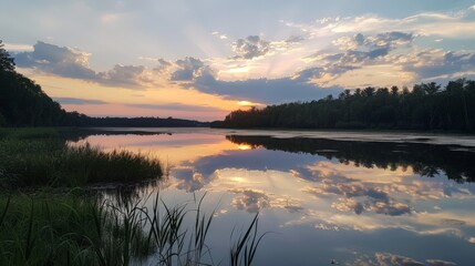 Fototapeta premium The sight of a sunset over a river, the water reflecting the colors and creating a mirror image, brings a sense of calm and beauty.
