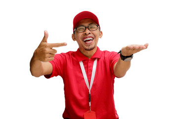 Excited Asian delivery man or courier pointing to his open palm. Isolated on a white background