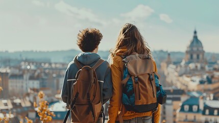 Realistic photos, high definition 8K Two friends exploring a city, taking photos and enjoying the sights. Their curiosity and shared experiences highlight their strong bond and love for adventure.
