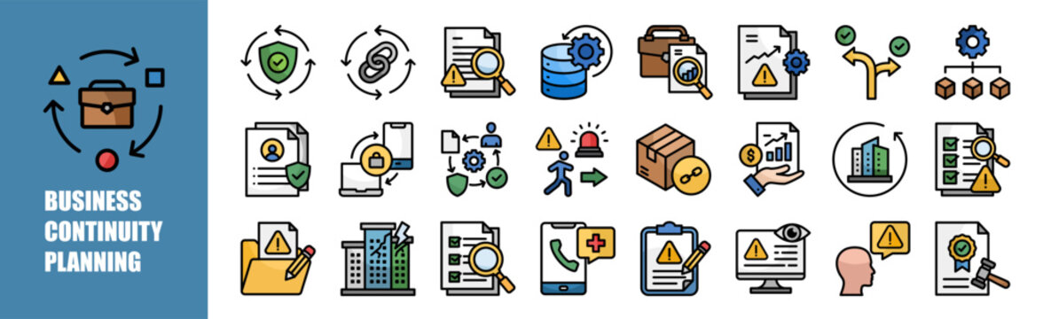 Business Continuity Planning icon set for design elements, strategy, management, business, risk, plan