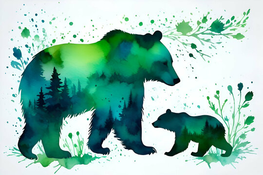 Abstract silhouette watercolor mama bear and baby bear green watercolor silhouette background