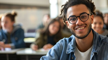 Obraz premium During a presentation in the classroom, a content college student is gazing into the camera