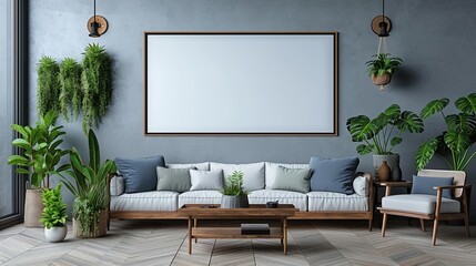 Mockup of a blank painting on the wall with a nature-themed cozy living room with hanging plants and large sofa. Copy space.