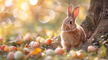 Sunny Easter Bunny Sitting Beside Decorated Eggs Under a Tree in a Warm Spring Garden Setting at Golden Hour