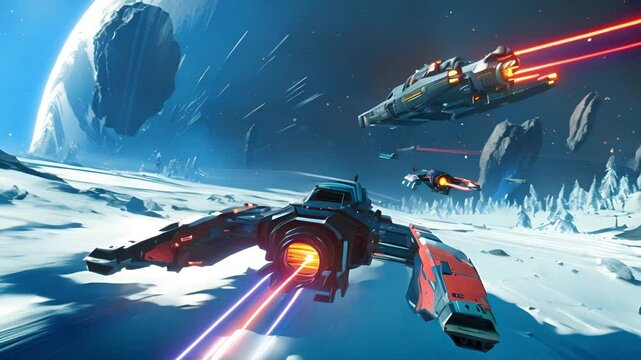 Futuristic ships weave through icy asteroids near a distant planet
