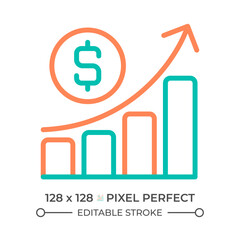 Business profit two color line icon. Bar charts and upward arrow bicolor outline symbol. Financial growth. Net profit. Duotone linear pictogram. Isolated illustration. Editable stroke