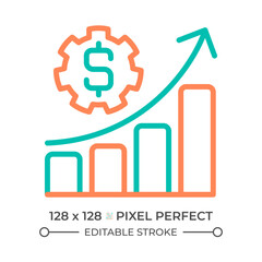 Budget two color line icon. Bar charts and gear bicolor outline symbol. Operations cost. Business development. Revenue growth. Duotone linear pictogram. Isolated illustration. Editable stroke