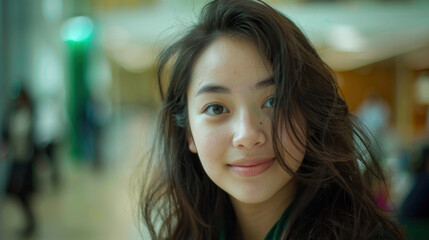 A woman with long hair is smiling at the camera. She has a nose piercing and is wearing a green shirt