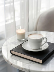 Obraz premium aesthetic photography with coffee cup candle and black book on marble table, generative ai