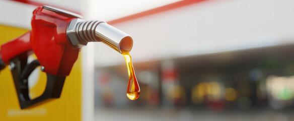 Close up of oil dripping from a gas pump nozzle at a filling station, with a blurred background and copy space