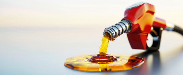 3d render of fuel oil pouring from nozzle of gas pump on white background. Close up view with copy space