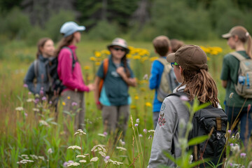 Fototapeta premium Dedicated teachers and young students exploring nature in a biology field teaching class. Outdoor education on ecosystem and ecology, active learning experience in meadow.