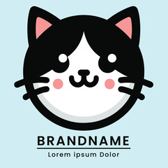 cat logo with a cheerful expression cat color black and white