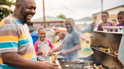 A man is cooking food on a grill in front of a group of people at a leisurely outdoor setting