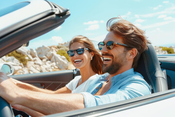 Fototapeta premium A man and a woman are sitting in a convertible car on a sunny day with clear sky