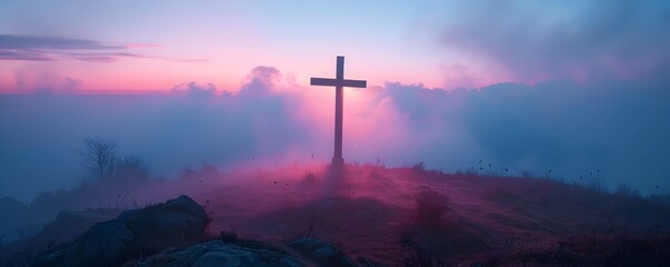 Obraz premium The Mysterious Cross on Golgotha Hill at Dawn Shrouded in Ethereal Fog and Symbolizing the Enigma of Faith