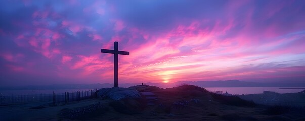 Naklejka premium The Holy Cross Silhouetted Against a Breathtaking Sunset Sky on Golgotha Hill