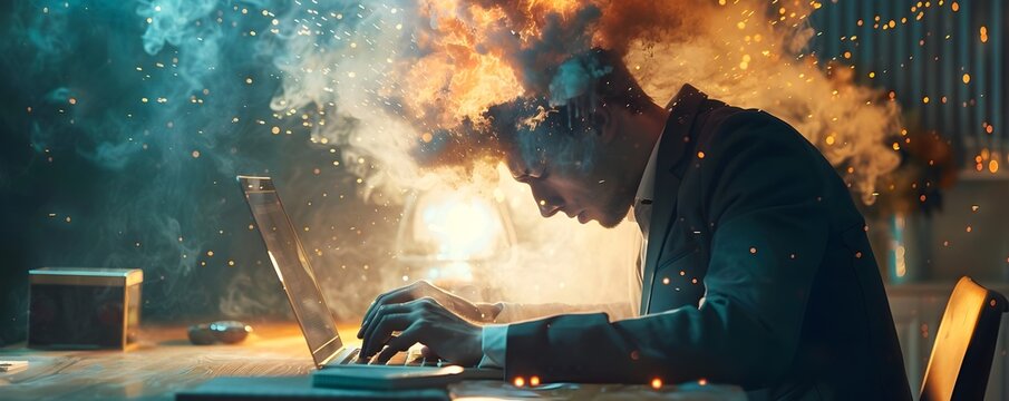 Overwhelmed Businessman Struggling with Digital Overload at Work