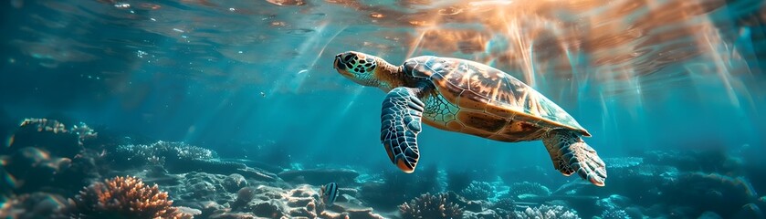 Fototapeta premium Serene Sea Turtle Gliding Through Sunlit Blue Ocean Waters