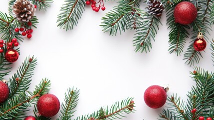 Festive Postcard Background with Fir Branches and Christmas Tree Toys on white background.