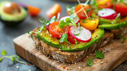 Fresh avocado toast with cherry tomatoes, radishes, microgreens, and seeds on whole grain bread