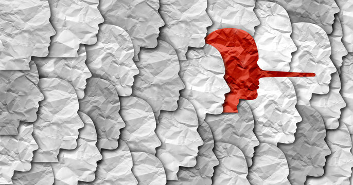 Metaphor for a bad apple as a scammer or liar and dishonest individual in a group as a disruptor and cheater and deceitful criminal fraudster with a long nose.