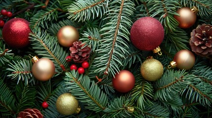 Festive Postcard Background with Fir Branches and Christmas Tree Toys