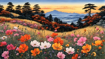 Fototapeta premium Autumn field in full bloom with cosmos, Generative AI