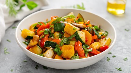 Colorful bowl of fresh, roasted mixed vegetables served on a light background, garnished with herbs. Healthy and delicious meal option.