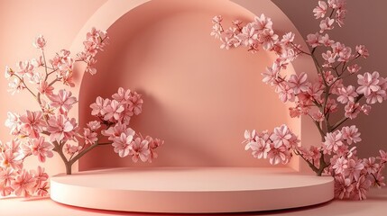 3D Render of a Peach Minimalist Podium or Platform Surrounded by Cherry Blossoms for Product Placement