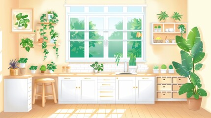 Bright Sunny Kitchen with Indoor Plants and Natural Light