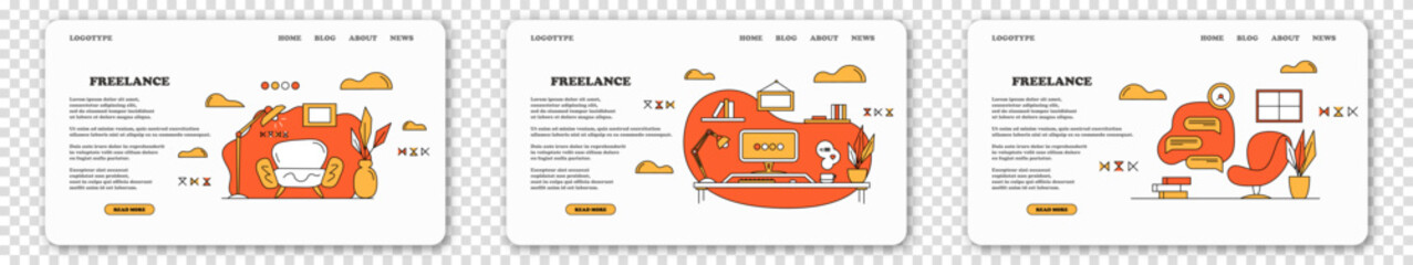 Organization of work process in the house. Remote work benefits. Distant work. Freelance. Homework. Scene of organization and workflow improvement. Landing page concept vector illustration.