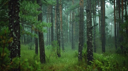 Obraz premium The smell of rain-soaked pine trees in a forest is a refreshing and invigorating natural fragrance.