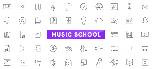 Music school linear icon set. School, instruments, students, sheet music, scores, education outline icon collection. UI thin outline icons pack.