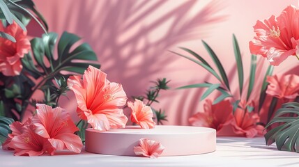 Pink podium with hibiscus flowers for product display against a pink background with tropical leaves. Empty platform to showcase beauty and cosmetic products.