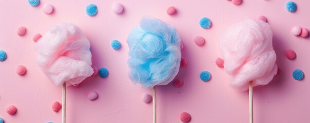Three colorful cotton candy sticks are on a pink background with blue and pink candy. Free copy space for text.