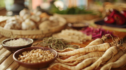 Fototapeta premium Assorted Asian Herbs and Ingredients on Bamboo Mat with Bowls of Beans and Vermicelli