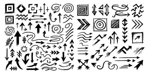 Hand-Drawn Brush Vector Collection: Arrows, Spirals, and Grunge Elements. Creative Brush Strokes: Sketchy Arrows, Scribbles, and Abstract Vectors. scribble line brush hand drawn sketch design. 