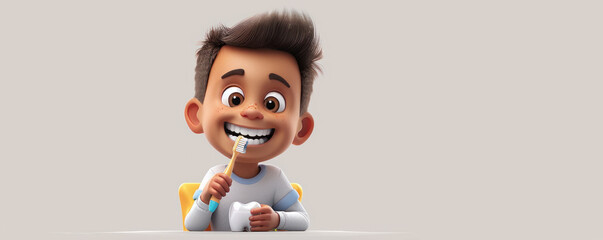 A cartoon boy is brushing his teeth. The boy is smiling and he is happy. The image conveys the importance of good oral hygiene and the joy of taking care of one's teeth