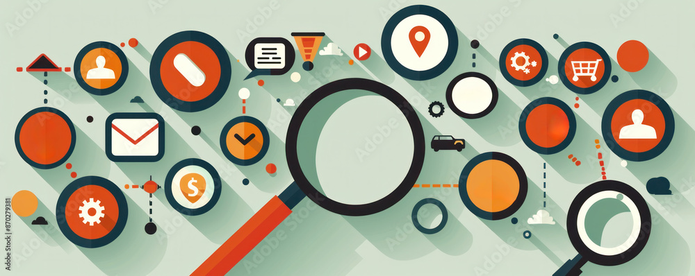 Poster a colorful image of a magnifying glass with a bunch of icons and circles surrounding it. the image i