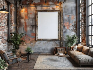 3D Rendered Mockup of a White Background Frame in an Industrial Style Loft with Reclaimed Wood Frame Exposed Brick Walls and a Mix of Modern and Vintage Elements Featuring Warm Lighting