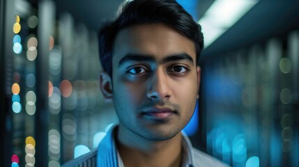 The close up picture of the IT specialist man from south asia is looking at camera and working in the server room, the IT specialist require skill like technology knowledge and data analysis. AIG43.tt