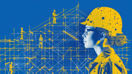 Obraz premium A woman wearing a yellow helmet is looking at a blue and yellow construction site. Concept of safety and hard work in the construction industry